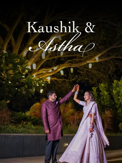 A graphic celebrating the couple Kaushik and Astha, featuring a romantic photo from their Sangeet night.