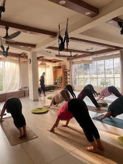 A class in Downward-Facing Dog, a classic pose that energizes and rejuvenates the body.