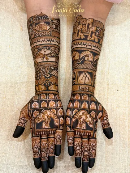 A beautiful bridal design without human figures, using negative space to highlight motifs like peacocks, elephants, and architectural jharokhas.