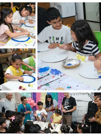 A collage capturing moments from a kids' birthday party, from painting and crafting to the happy cake-cutting celebration with family.