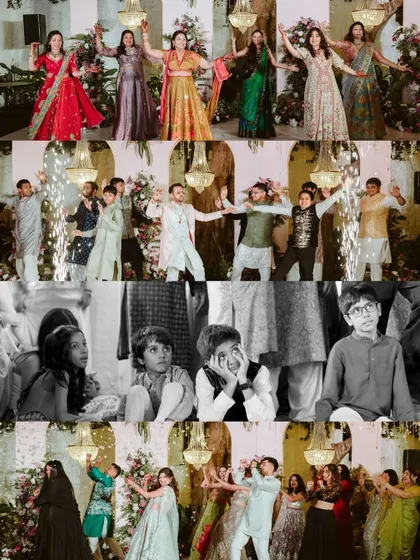 A collage capturing the fun and energy of the Sangeet dance performances, including adorable moments with the children.