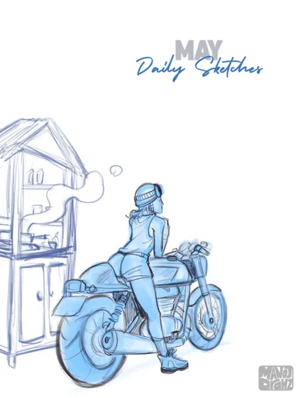 The cover page for my 'May Daily Sketches' collection. This piece captures a mood, showing a character on her bike, dreaming of a roadside tea stall.