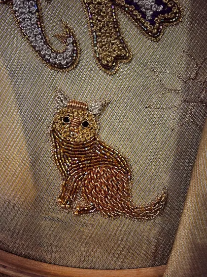 Your story, stitched in thread. This client is a cat lover, so I embroidered her beloved pet, Kumbha, onto her blouse using golden zardosi work. It’s these personal touches that make an outfit uniquely yours.
