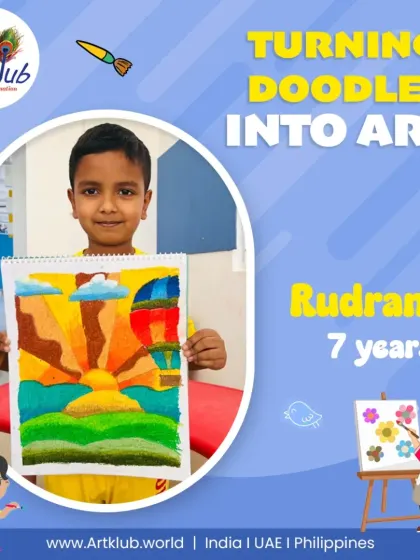 Seven-year-old Rudransh is turning his doodles into art with this colorful hot air balloon landscape.