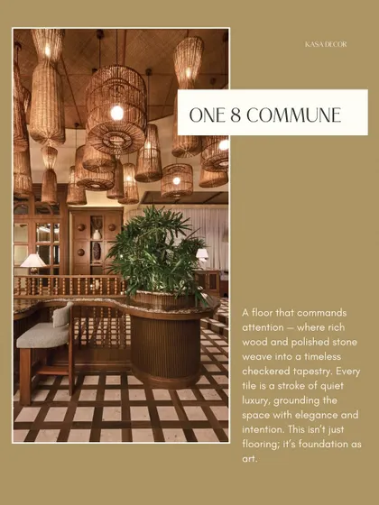 This image, featured in a design publication, highlights the foundation of the One 8 Commune project: the floor. It's described as a "timeless checkered tapestry" of rich wood and polished stone, demonstrating how flooring can be foundation as art.