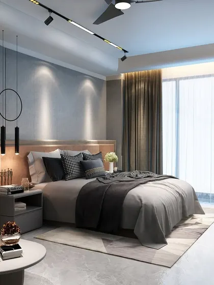 Another view of the boy's bedroom, showing the bed with pendant lights and a large window. The space is designed to feel both luxurious and practical, even in a compact area.