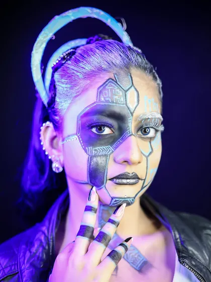 A close-up of a cyberpunk-inspired look, with intricate geometric patterns and a futuristic feel.