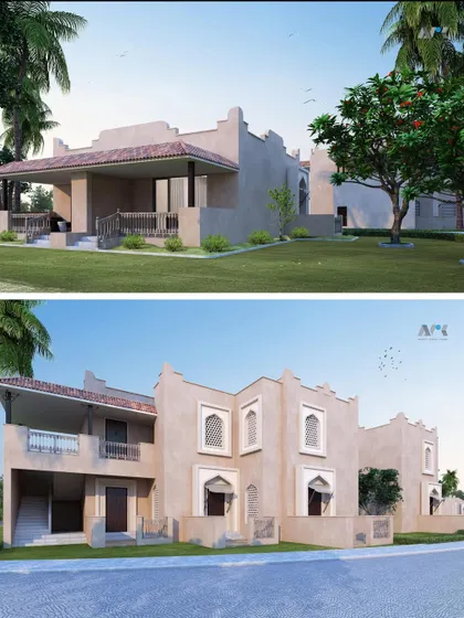 Renders of the independent suites at the upcoming resort in Little Rann of Kutch. The design incorporates traditional window details and verandas to create a sense of place and comfort.