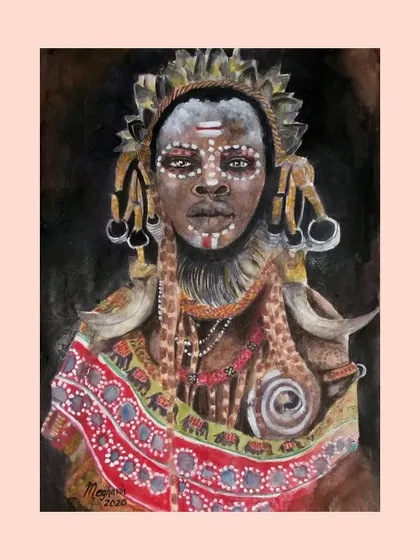 A detailed watercolor portrait inspired by tribal art, showcasing intricate patterns on the face, clothing, and headdress.