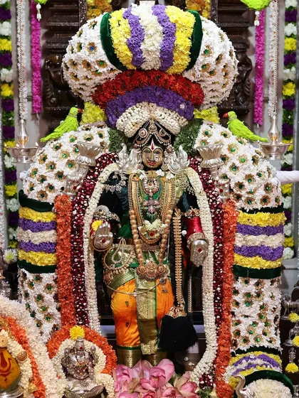 This is the Srinivasa Devaru at our home, decorated for Varamahalakshmi. The festival is a celebration of both Vishnu and Lakshmi, and I explain how to honor both deities.