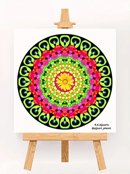 A very vibrant and colorful mandala painted on canvas. The bright yellow, pink, and green colors are chosen to create a feeling of happiness and energy, making it a cheerful piece of wall art.
