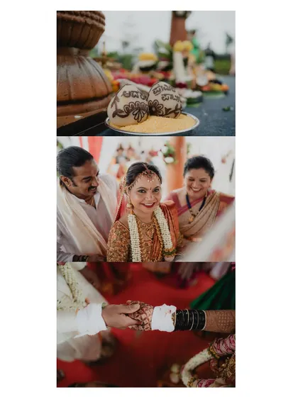 A collage of details and moments from Premika and Adarsh's wedding, including the sacred coconuts and the joining of hands.