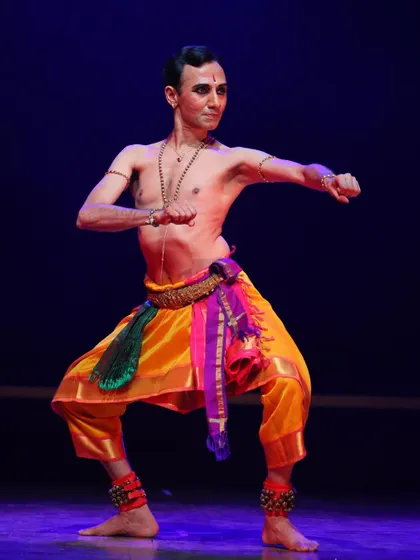 The intensity of the moment is captured in this pose from "Sharanagathi." My solo work often involves exploring complex characters and their internal conflicts through the vocabulary of classical dance.