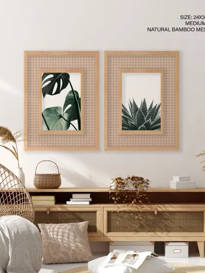 A close-up of our unique natural bamboo mesh frames, used for the two-piece botanical set. This frame style adds a layer of texture and a handcrafted, bohemian feel to the artwork.