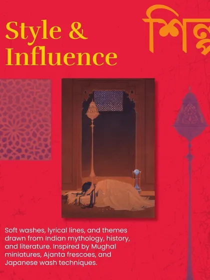 The style of the Bengal School was defined by soft washes, lyrical lines, and themes from Indian mythology and history. It was inspired by Mughal miniatures, Ajanta frescoes, and Japanese wash techniques.