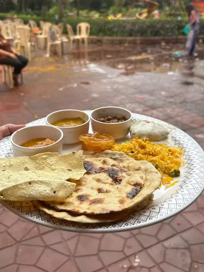 A guest's plate at an outdoor Holi party, filled with a delicious spread from my buffet.