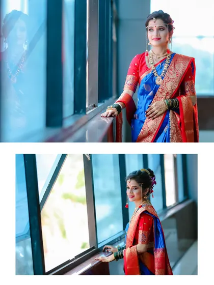 A two-photo layout showing both a wider shot and a reflection of the bride. This composition adds an artistic, layered feel to the traditional bridal portrait.