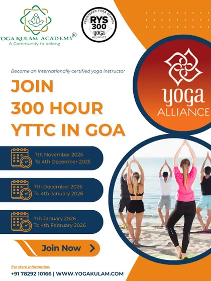 An invitation to join our 300-hour YTTC in Goa. This poster features students practicing by the ocean, highlighting the beautiful and inspiring setting for your advanced studies.