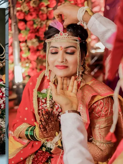A close up of the bride being blessed during a wedding ritual. Her serene expression and the intricate details of her henna are beautifully captured.