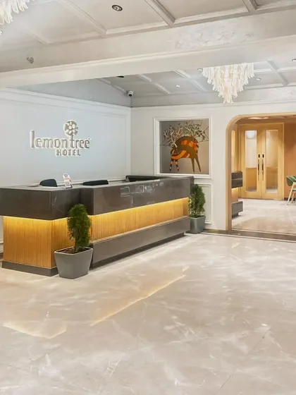 The reception area of the Lemontree Hotel in Bhopal, featuring a clean, modern desk with under-lighting and the signature Gond art piece. This view shows how the elements come together to create a cohesive brand experience.