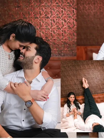 A collage showing different fun and romantic moments from the same indoor couple shoot.