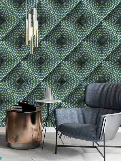 A striking 3D geometric wallpaper with a spiraling pattern that creates an optical illusion, shown in a modern living room.
