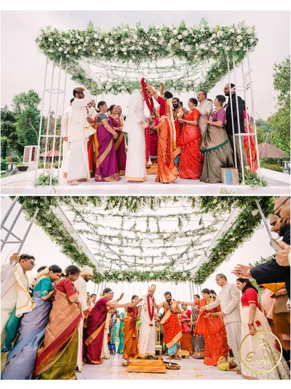 A collage of a beautiful South Indian wedding ceremony taking place under a modern, minimalist mandap.