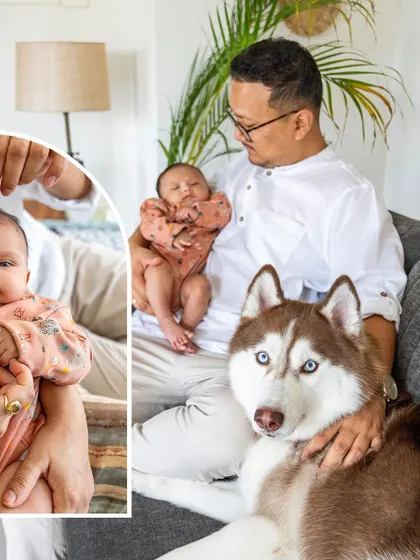 A collage showing a father holding his newborn baby while their husky sits beside them, and a close-up of the baby's tiny hands.