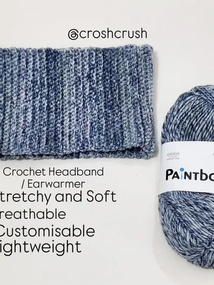 A stretchy and soft crochet headband or ear warmer, made with beautiful blue variegated yarn.