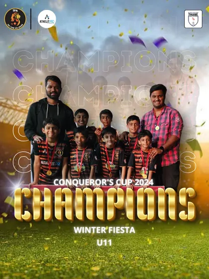 The U11 team celebrating their Conqueror's Cup 2024 Winter Fiesta championship. One of three titles won by our academy at the event.