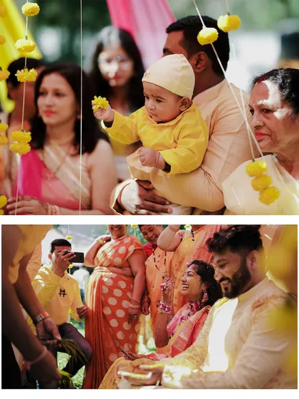 A collage capturing the heartwarming moments of a Haldi ceremony, including the joy of the couple and the sweet presence of the youngest family members.