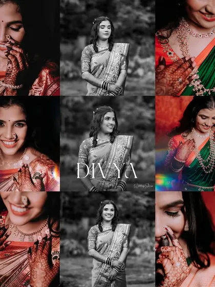 A collage dedicated to the bride, Divya. It showcases a mix of color and black-and-white portraits, capturing her in various moods and highlighting her beautiful features and traditional attire.