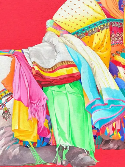 A close-up of a painting from Mohammed Osman's 'Gangireddhu Series.' His work, which has earned recognition across the globe, continues to captivate with its intricate detail and vibrant colors.