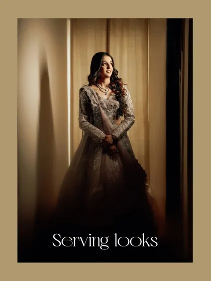 A dramatic, full-length portrait of the bride, framed to look like a high-fashion magazine cover. The lighting and pose are designed to make a statement.