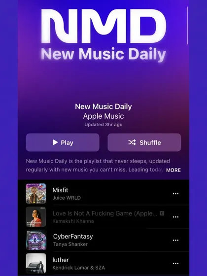 Here's "Cyberfantasy" on the New Music Daily playlist on Apple Music. Getting this kind of editorial support is a huge boost for an independent artist.