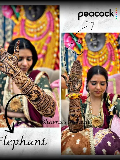 We love adding personal touches. This bridal design features majestic elephants and graceful peacocks, symbols of royalty and beauty in Indian weddings.