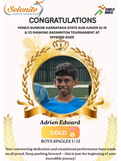 Adrien Edward stands proud with his Gold medal in the U-15 Boys Singles category at the Mysore state ranking tournament. His dedication to the game is exceptional.