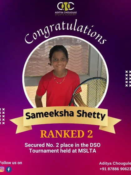 Congratulations to Sameeksha Shetty for securing the No. 2 rank in the DSO Tournament held at MSLTA. Her performance makes our academy proud.