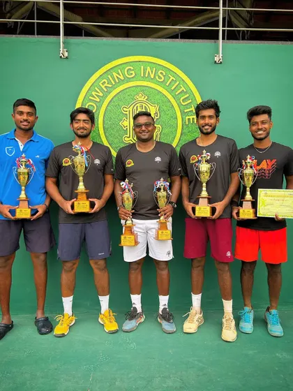 Our players dominating the podium at the AITA Men's 1 Lakh tournament at Bowring Institute, Bangalore, taking home all the trophies.