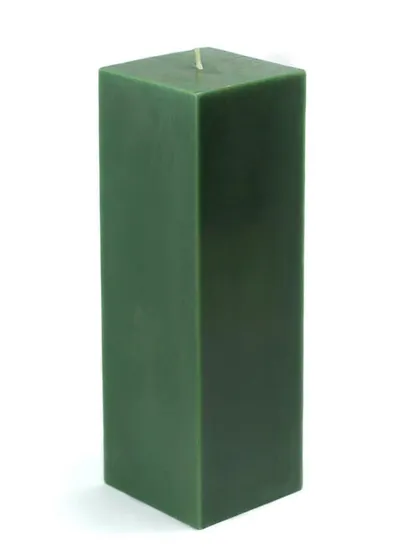 A dark green square pillar candle. This color is wonderful for creating a natural, calming ambiance or for Christmas and other festive decorations.