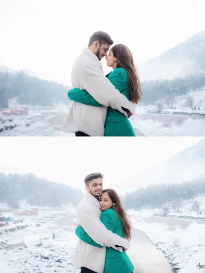 A pair of stunning portraits of Nikul and Sejal against a backdrop of snow-covered mountains. Their embrace looks both epic and intimate in this beautiful landscape.
