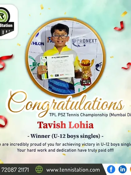 Another win for Tavish Lohia, this time clinching the U-12 Boys Singles title at the TPL PSZ Tennis Championship. His consistent performance in tournaments is impressive.