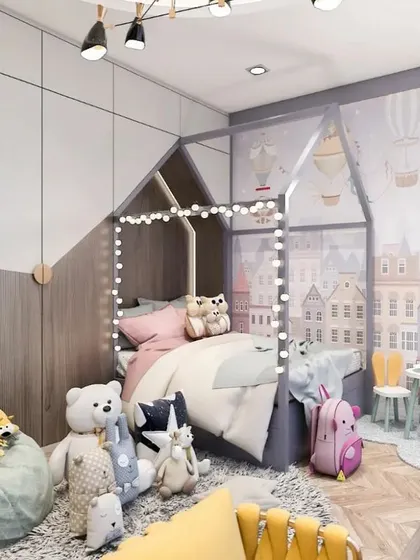 This design brings a storybook to life with a house-frame bed adorned with fairy lights and a charming city-scape mural. It's a perfect example of how we use themes and decor to create a magical and personal atmosphere for a child's room.