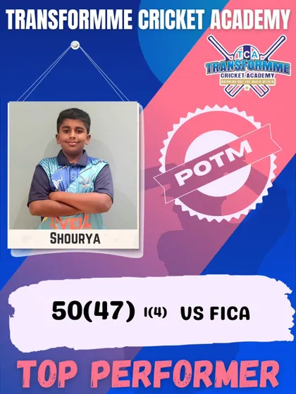 Shourya awarded Player of the Match for his fifty against FICA.