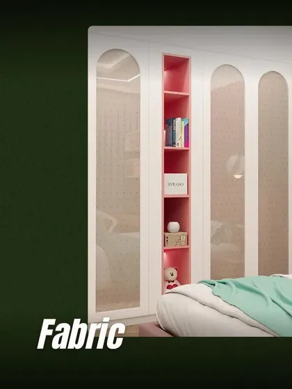We love using fabric finishes on wardrobes to add softness and texture. Here, a pink fabric interior provides a surprising and delightful pop of color.