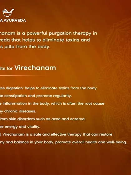 Virechanam is a powerful purgation therapy that eliminates toxins and excess Pitta from the body. It improves digestion, alleviates constipation, reduces inflammation, and increases overall energy and vitality.