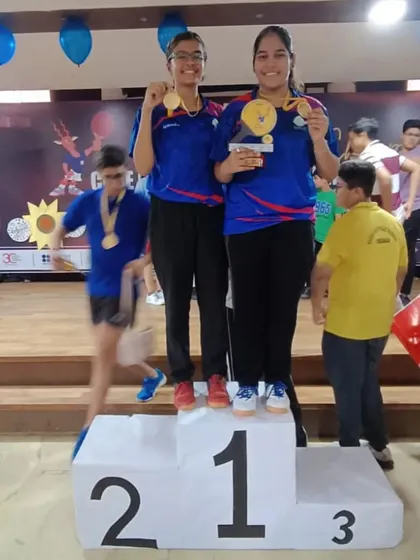 Ayushi Singhal and Samriddhi Sharma celebrating their U-19 Girls Team Gold at the CBSE Cluster tournament. It's especially impressive as they are both only 14, competing and winning in a higher age group.