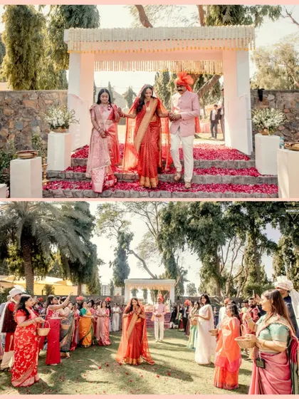 A collage of the bride's entry, walking with her family and being showered with petals by guests.