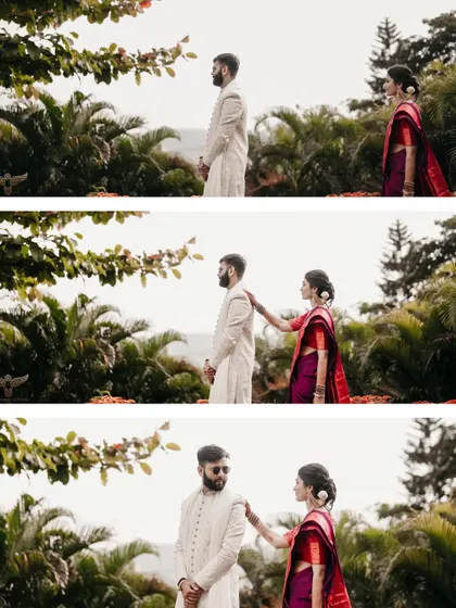 A beautifully composed "first look" sequence. The three images tell the story of the bride's approach and the groom's happy surprise, set against a lush, tropical background.