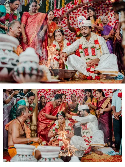 A collage of the sacred fire ritual (homa) at a South Indian wedding, capturing the couple's participation and family blessings.
